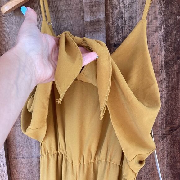 Mustard Seed Yellow Goldenrod V-neck Popover Tie Front Wide Leg Jumpsuit - Picture 8 of 11